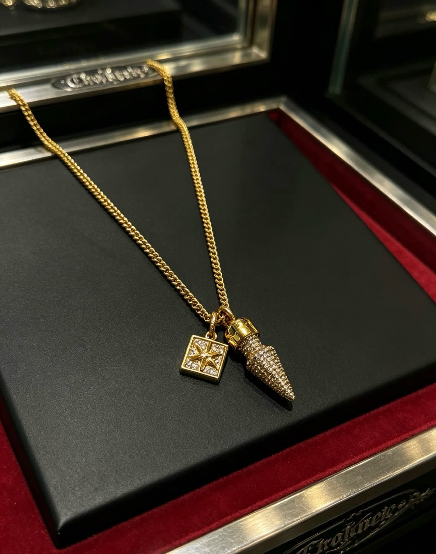 Chrome Hearts Gold Plated Diamond-Studded Necklace with Star and Spike Pendant